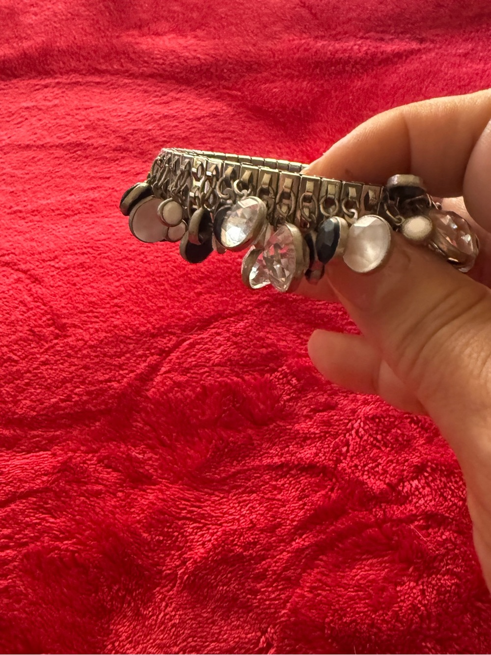 Vintage Silver Tone Charm Stretch Bracelet | Black & White Crystal Goth Glam